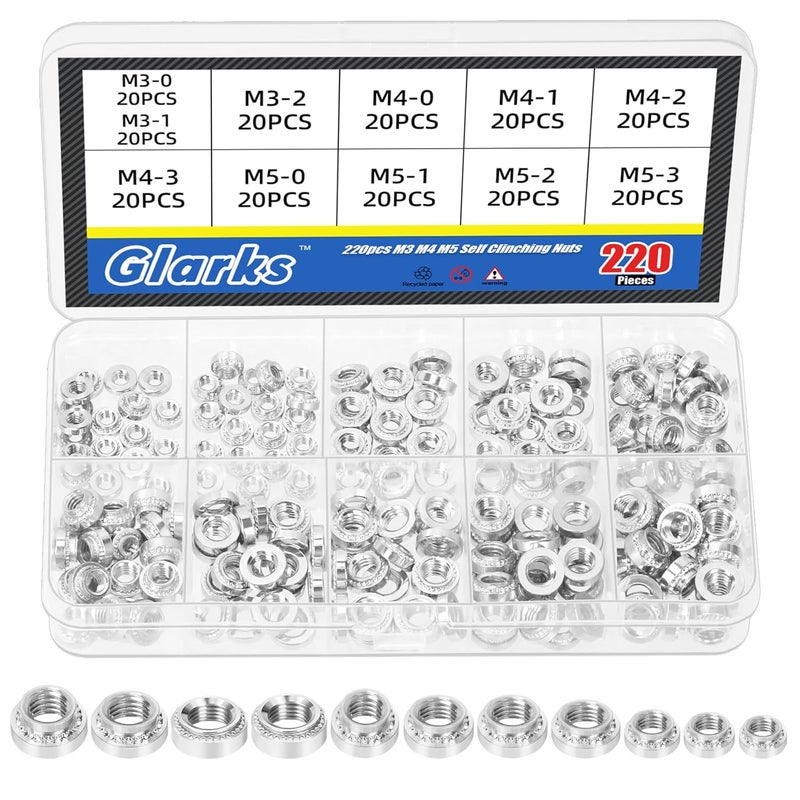 Glarks 220pcs M3 M4 M5 Self Clinching Nuts Kit, 304 Stainless Steel Round Head Rivet Nut, Knurled Self-Clinching Nut Fastener for Machinery Electrical Products, Industry - Image 1